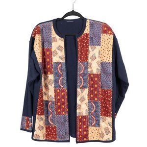 Patriotic Patchwork Cardigan Sweatshirt L Blue Red July 4th USA 90s Mom Flags